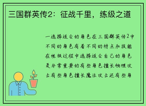 三国群英传2：征战千里，练级之道